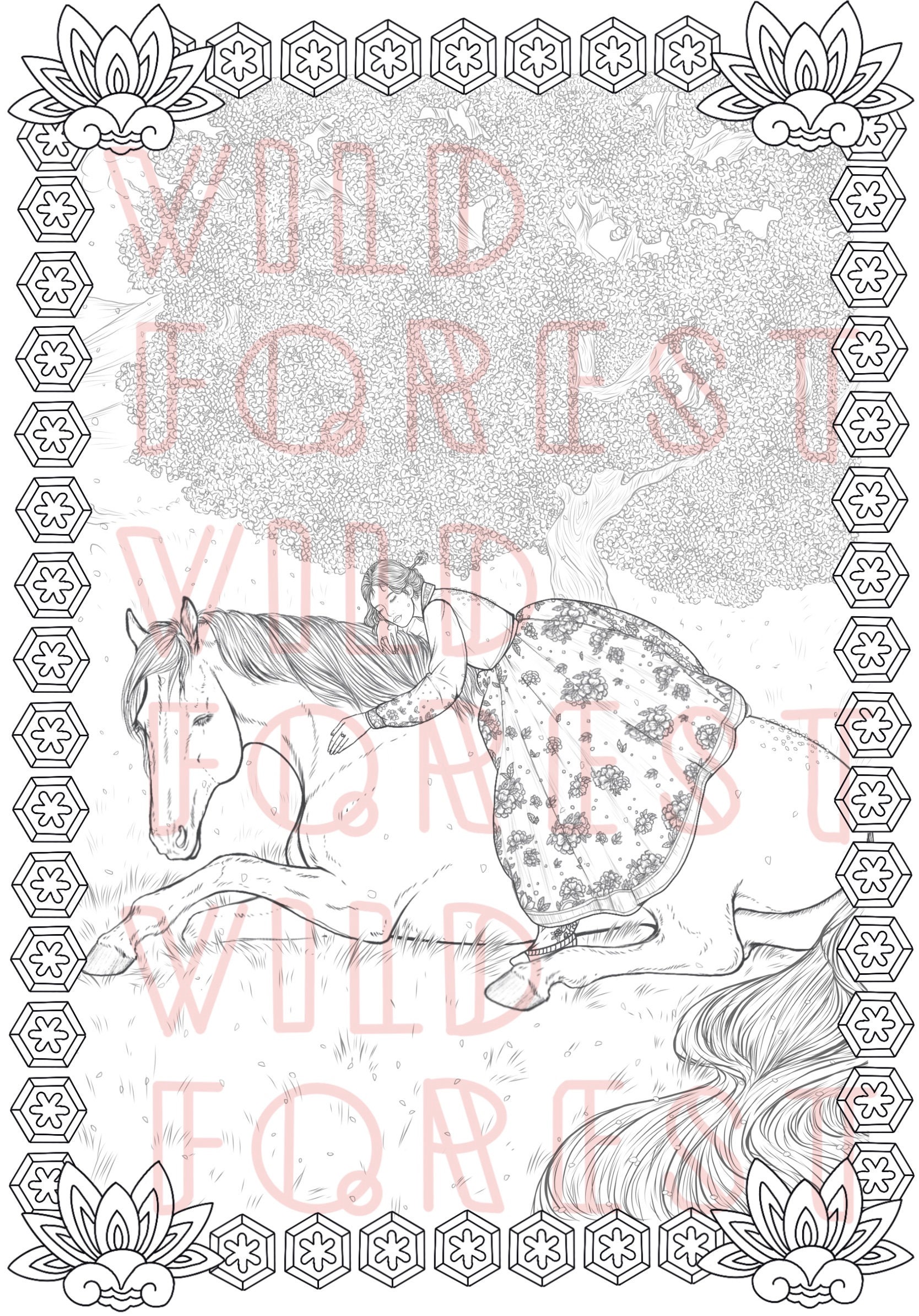 Korea Hanbok Coloring Page Coloring PDF for Adults Grayscale | Etsy