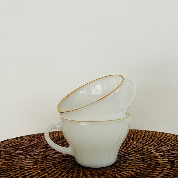 Suburbia Anchor Hocking Milk White Flat Cup Vintage Made in USA Swirl Gold Trim Set of 2