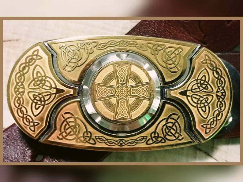 Laser Engraving Brass Cognac Color Genuine Leather Belt Buckle Belt with knives KEEPERBELT Brass Buckle Belt TM Celtic Cross Belt