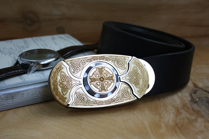 Laser Engraving Brass Cognac Color Genuine Leather Belt Buckle Belt with knives KEEPERBELT Brass Buckle Belt TM Celtic Cross Belt