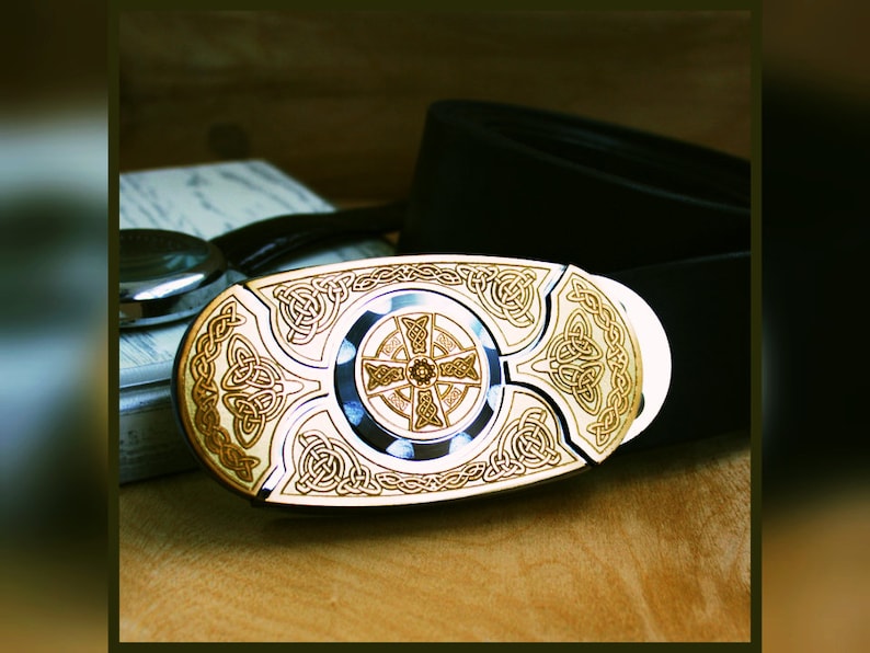 Laser Engraving Brass Cognac Color Genuine Leather Belt Buckle Belt with knives KEEPERBELT Brass Buckle Belt TM Celtic Cross Belt