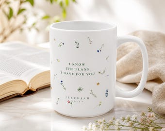 Mok Jeremia 29:11, christelijk cadeau voor haar, koffiekopje bloemen bijbelvers, aanmoedigingscadeau
