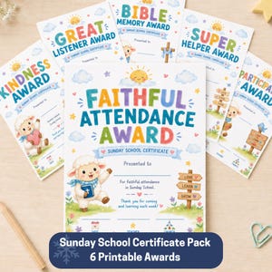 May include: A set of six Sunday School award certificates featuring colorful text and illustrations of lambs. The certificates include titles such as Faithful Attendance Award, Great Listener Award, Bible Memory Award, Super Helper Award, and Participation Award.