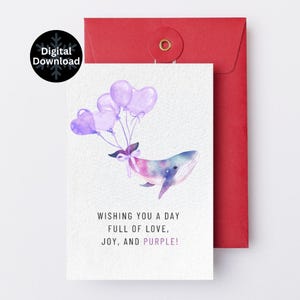 Biglietto di auguri di compleanno K-pop, biglietto d'auguri viola formato 5x7" scaricabile digitalmente, biglietto stampabile a forma di balena, giornata viola-fantastica, regalo perfetto per i fan dell'esercito