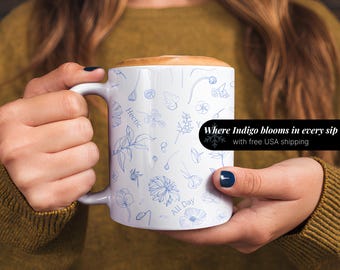 K-pop Coffee Mug – Indigo Floral Design, Positive Vibes