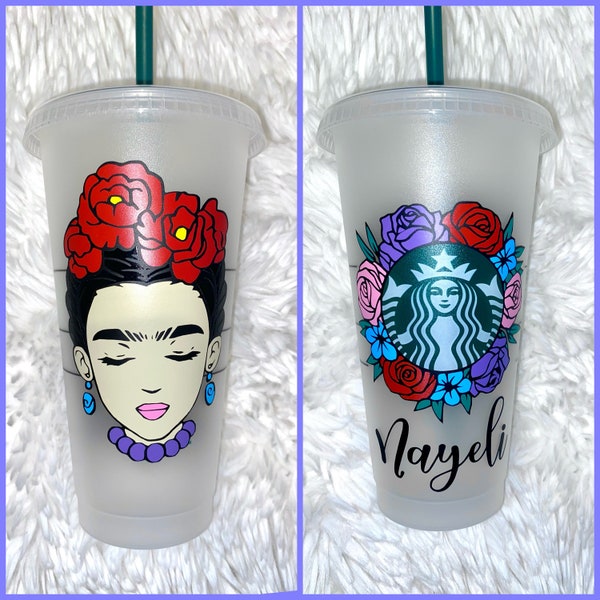 Personalized Frida starbucks cup / Frida Kahlo floral reusable cup with name