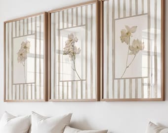 Beige Floral Wall Art Prints Set of 3: Cottage Style Dried Flowers, Beige Flower Decor