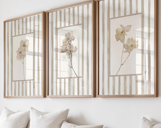 Featured listing image: Beige Floral Wall Art Prints Set of 3: Cottage Style Dried Flowers, Beige Flower Decor