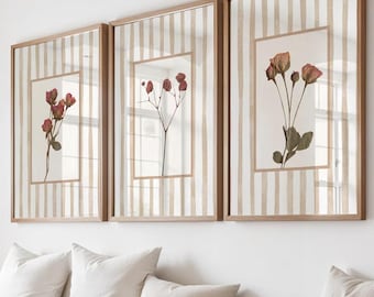 Burgundy Floral Wall Art Prints Set of 3: Cottage Style Dried Flowers, Burgundy Decor