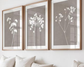 Beige Grey Botanical Floral Wall Art Prints, Set of 3: Cottage Style Dried Flowers, Sage Green Wall Art, Beige Grey, Dusty Pink