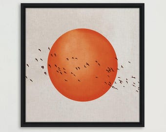 Orange Sun Flock of Birds Canvas Wall Art Print,  Square Box Framed Canvas Wall Art, Minimalist Scandi Decor