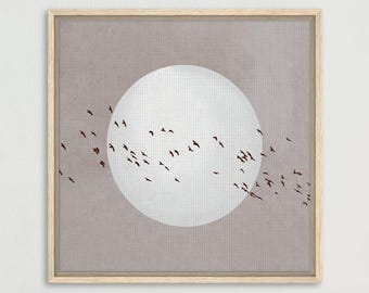Moon Beige Canvas Flock of Birds Wall Art Print,  Square Box Framed Canvas Wall Art, Minimalist Scandi Decor