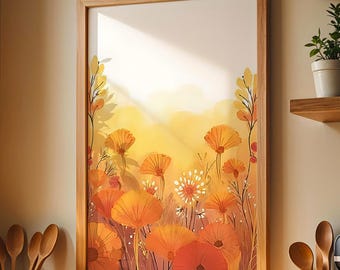 Orange Meadow Floral Print: Autumn Botanical Wall Art