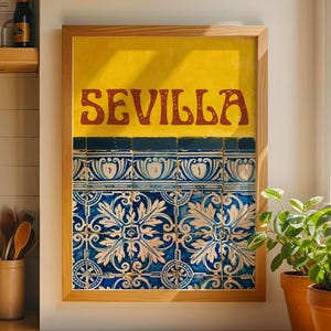 Seville Spain Tile Art Print: Colorful blue and yellow Spanish Azulejos Photography