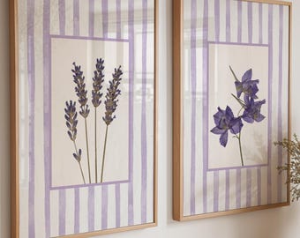 Purple Striped Dried Flower Floral Wall Art Prints Set of 2: Cottage Style Botanical Decor