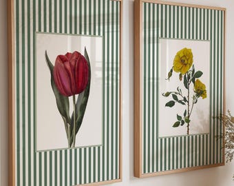 Green Striped Vintage Style Floral Prints, Set of Two: Cottage Style Dried Flowers Wall Art