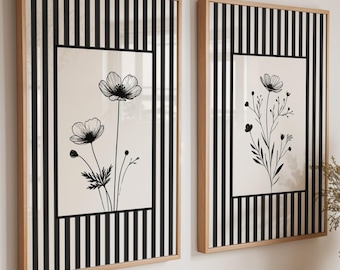Black Striped Minimalist Flower Floral Wall Art Prints Set of 2: Cottage Style Botanical Decor