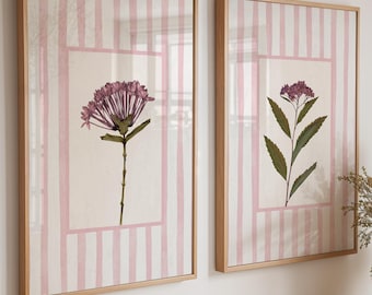 Pink Striped Dried Flower Floral Wall Art Prints Set of 2: Cottage Style Botanical Decor