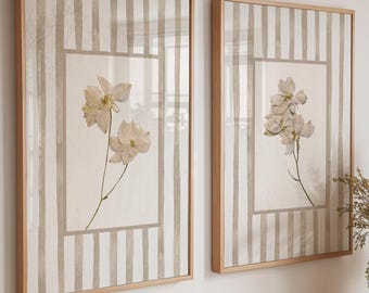 Beige Floral Wall Art Prints Set of 2: Cottage Style Botanical Decor