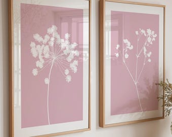 Dusty Pink Floral Prints, Set of Two: Cottage Style Dried Flowers Wall Art, Grey Beige, Sage Green