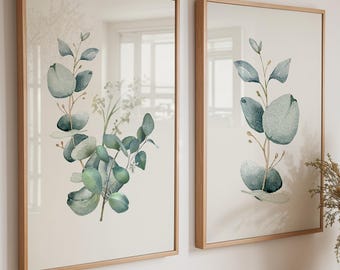 Sage Green Floral Wall Art Prints Set of 2: Eucalyptus Botanical Decor