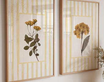 Yellow Striped Dried Flower Floral Wall Art Prints Set of 2: Cottage Style Botanical Decor