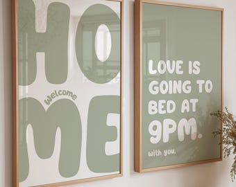 Sage Green Homely Prints, Set of Two Sage Green Hallway and Bedroom Wall Art