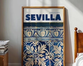 Seville Spain Tile Wall Art Print, Colourful Spanish Azulejos, Travel Photography, European Decor, Summer Home Style, Sevilla, blue theme