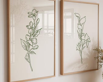 Minimalist Floral Prints, Set of Two: Line Drawing Green Flowers Wall Art