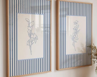 Blue Striped Vintage Style Floral Prints, Set of Two: Cottage Style Flowers Wall Art