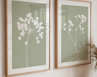 Sage Green Floral Prints, Set of Two: Cottage Style Dried Flowers Wall Art, Grey Beige, Pink