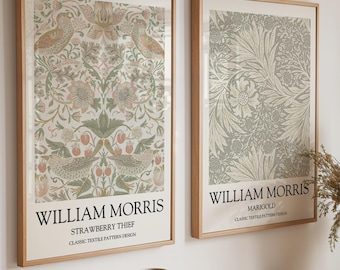 William Morris Wall Art Prints: Strawberry Thief Sage Green Neutral Set of 2 Prints, Vintage Botanical Decor