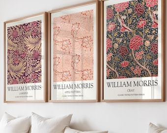 William Morris Prints Red and Purple Set of 3: Vintage Floral Wall Art, Cray pattern, Apple pattern
