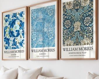 William Morris Prints Blue Set of 3: Vintage Floral Wall Art, Honeysuckle & Tulip, Marigold