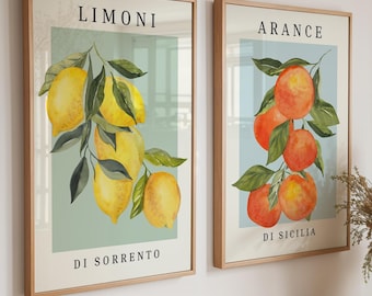 Lemons and Oranges Kitchen Wall Art Prints Set of 2: Limoni di Sorrento, Arance di Sicilia