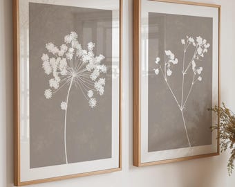 Beige Grey Floral Prints, Set of Two: Cottage Style Dried Flowers Wall Art