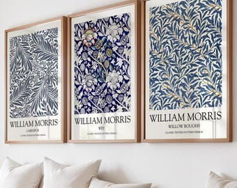 William Morris Prints Navy Blue Set of 3: Vintage Floral Wall Art, Wey Pattern, Willow Boughs, Larkspur, Flower Wallpaper