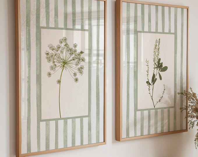 Featured listing image: Sage Green Floral Wall Art Prints Set of 2: Cottage Style Botanical Decor