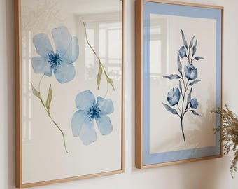 Blue Floral Wall Art Prints Set of 2: Baby Blue Cottage Style Botanical Decor set of two