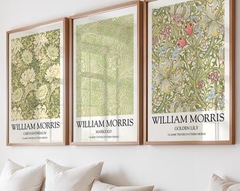 William Morris Prints Olive Green Set of 3: Vintage Floral Wall Art, Golden Lily pattern, Marigold Print