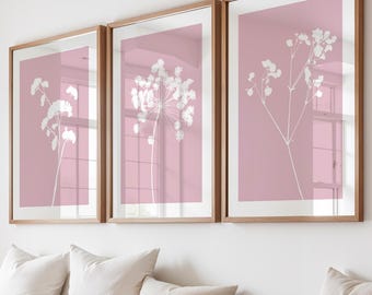 Dusty Pink Botanical Floral Wall Art Prints, Set of 3: Cottage Style Dried Flowers, Sage Green Wall Art, Beige Grey, Dusty Pink