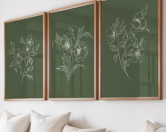 Olive Green Botanical Wall Art Prints Set of 3: Cottage Style Flowers, Neutral Flower Decor