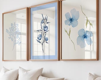 Blue Floral Wall Art Prints Set of 3: Farmhouse Style Flowers Art, Gallery Wall Blue Flowers