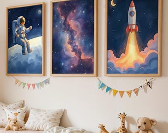 Watercolour Space Prints set of 3: Astronaut, Rocket, Galaxy Nursery wall Art
