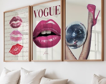 Trendy Girly Pink Wall Art, Set of 3 Vogue Fashion Prints, Lips, Heels, Disco Ball Decor, Bedroom Prints