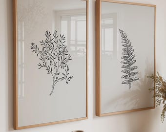 Grey Floral Prints Set of 2: Black flower line art on grey background, botanical wall decor
