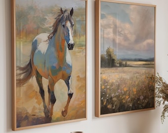 Wildflower Meadow Horse Art Print: Neutral Countryside Decor