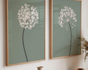 Sage Green Allium Flower Wall Art Prints: Botanical Decor Set of 2