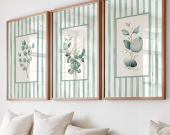 Sage Eucalyptus Wall Art Set: Striped Prints, Green Decor (Set of 3)