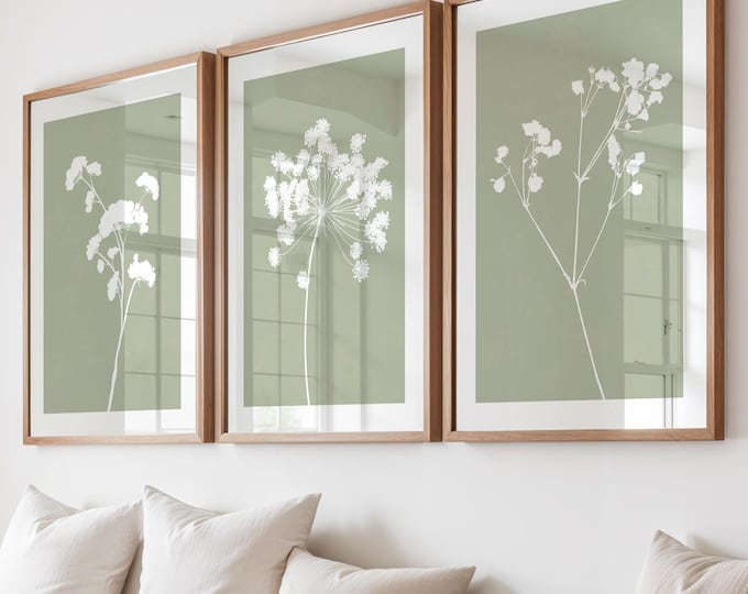 Featured listing image: Sage Green Botanical Floral Wall Art Prints, Set of 3: Cottage Style Dried Flowers, Sage Green Wall Art, Beige Grey, Dusty Pink
